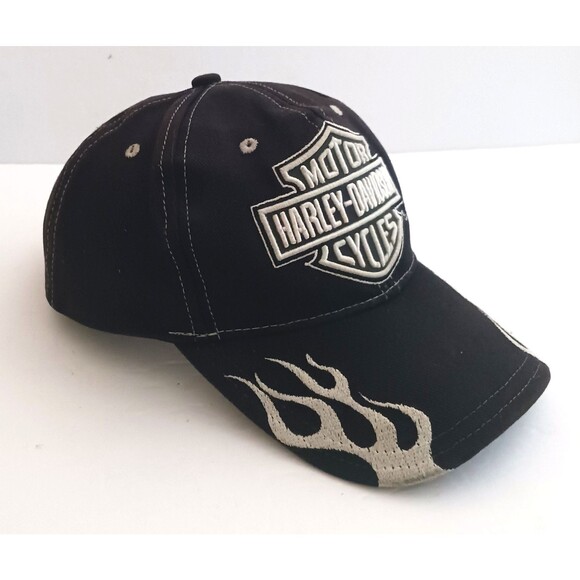 Harley Davidson Strapback Blk Twill Hat Flames Bar N Shield Logo - Picture 3 of 8